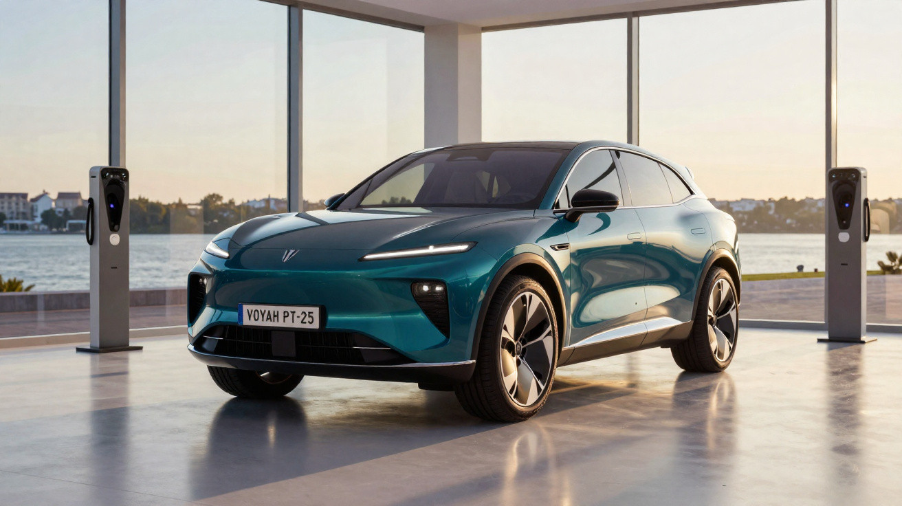 Carro elétrico moderno azul estacionado em interior com grandes janelas e postos de carregamento visíveis.