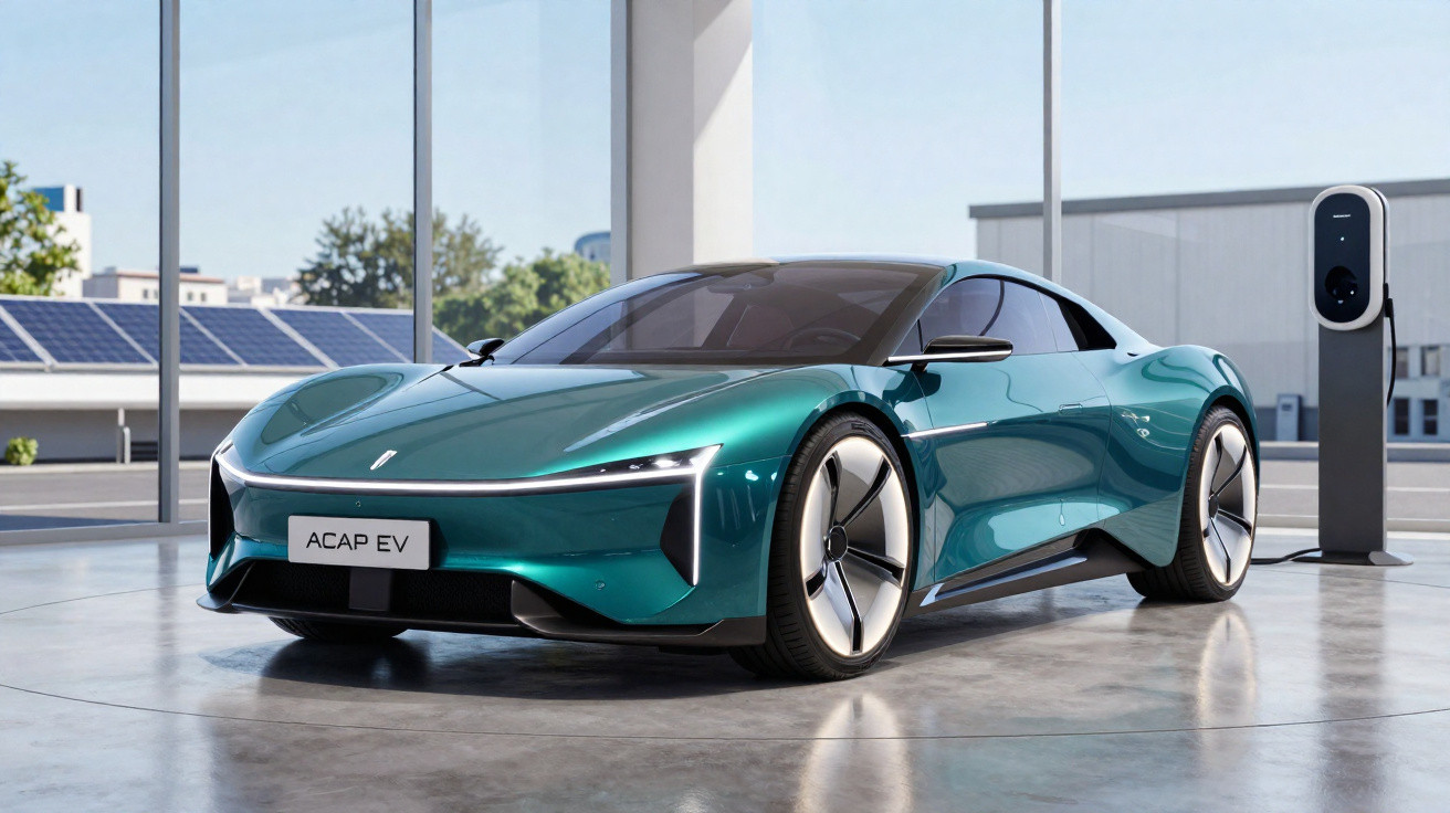 Carro elétrico verde metálico estacionado junto a um posto de carregamento em ambiente moderno e luminoso.