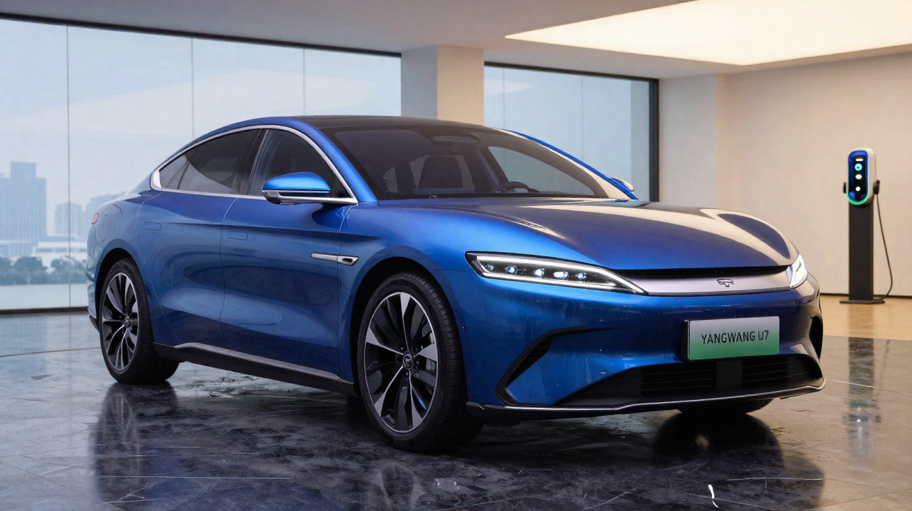 Carro elétrico azul Yangwang U7 estacionado em interior moderno com estação de carregamento ao fundo.