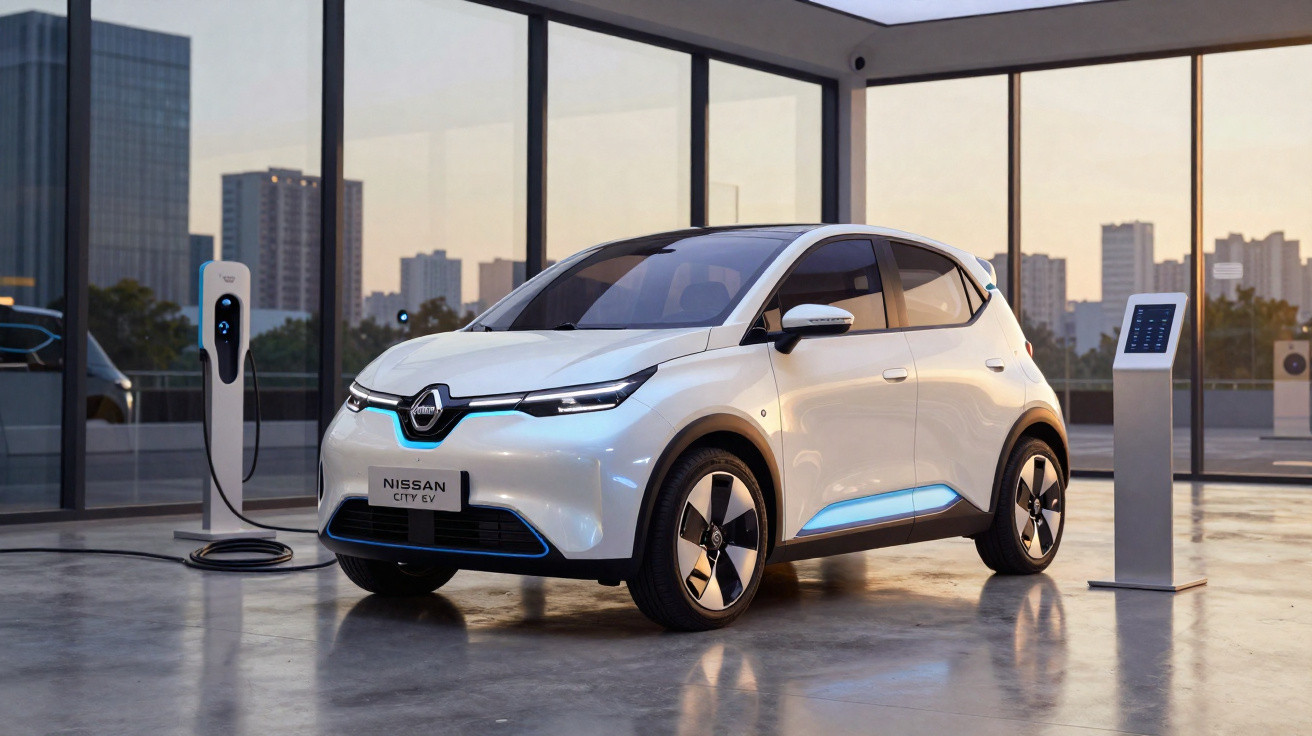 Carro elétrico branco Nissan City EV estacionado frente a estação de carregamento numa garagem moderna.