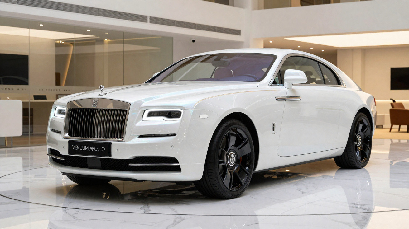 Carro de luxo branco Rolls-Royce Venuum Apollo estacionado em piso polido interior.