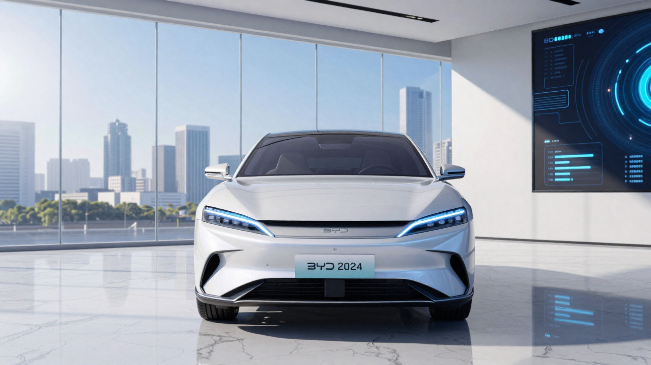 Carro elétrico branco BYD 2024 em showroom moderno com fachada de vidro e vista para cidade urbana.