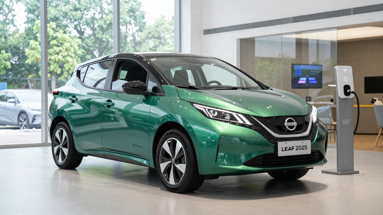 Automóvel eléctrico Nissan Leaf 2025 verde carregando em estação de carregamento interior moderna.