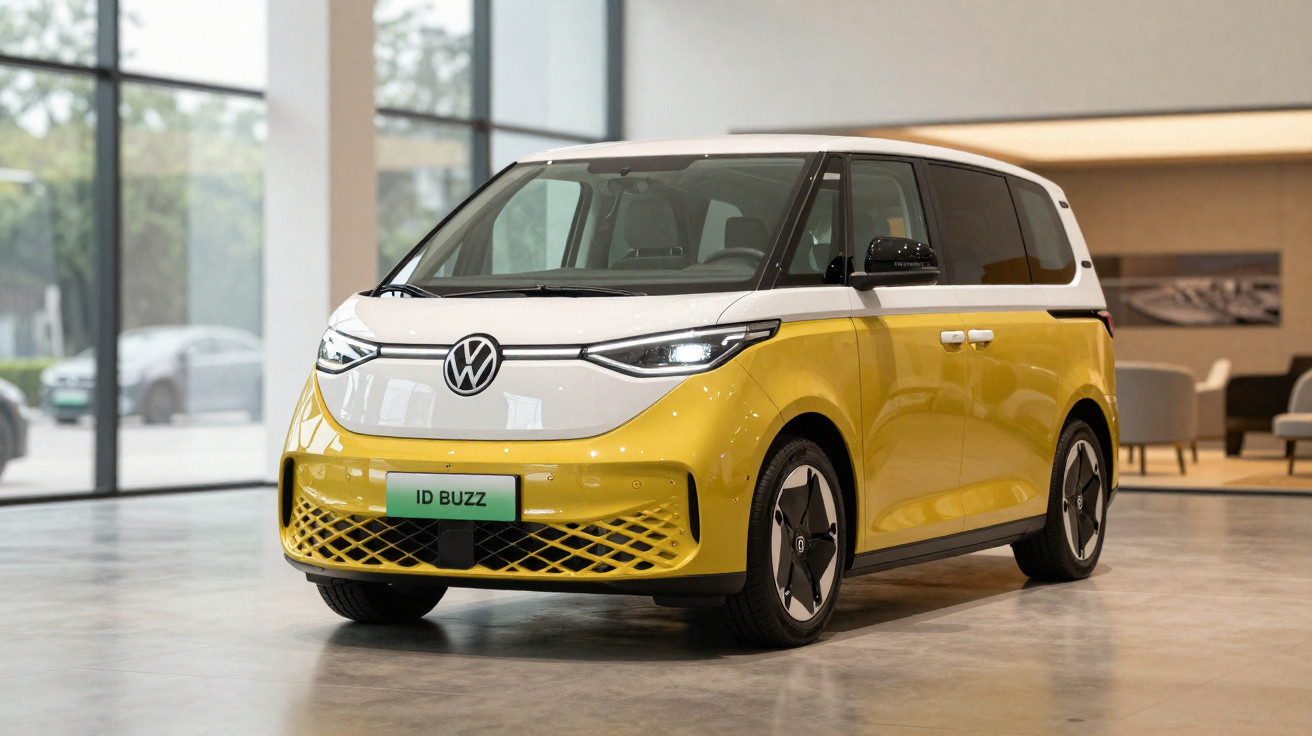 Carro elétrico Volkswagen ID Buzz amarelo e branco estacionado em espaço interior moderno.
