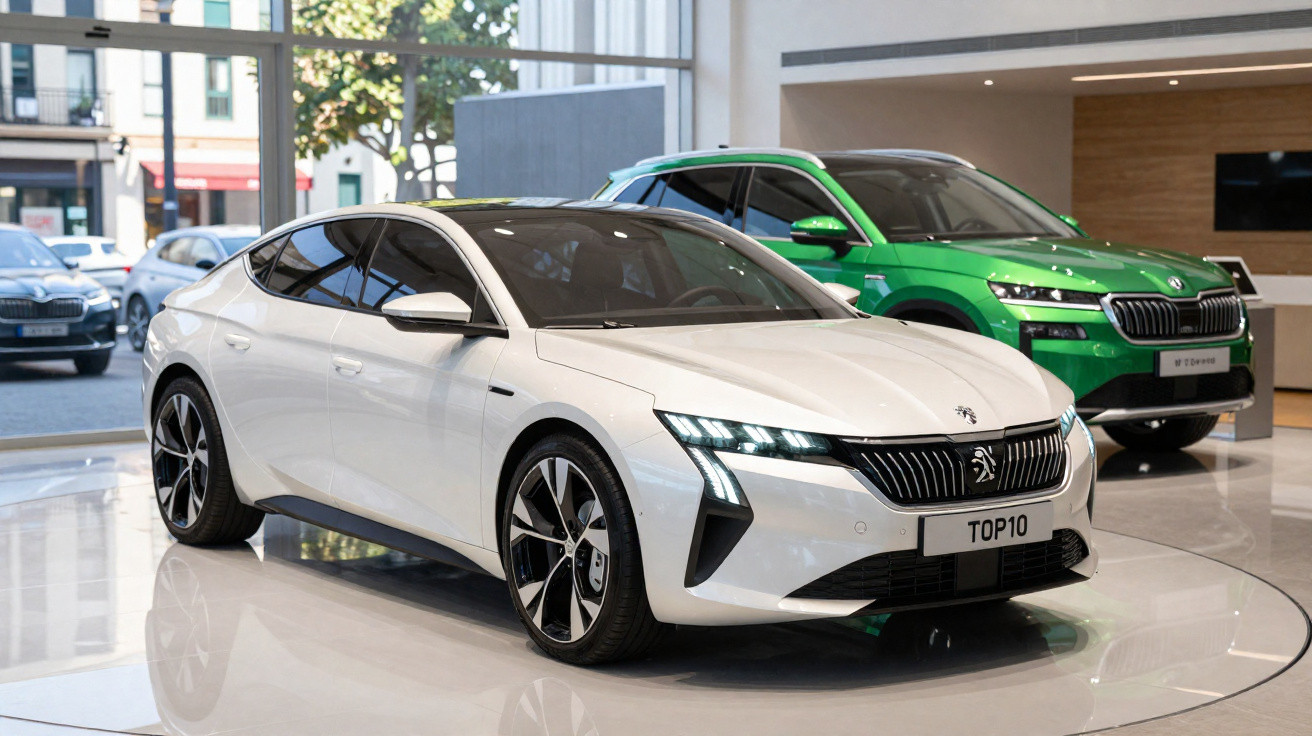 Carro elétrico branco Peugeot em exposição, com SUV verde da Skoda ao fundo, em ambiente moderno e luminoso.