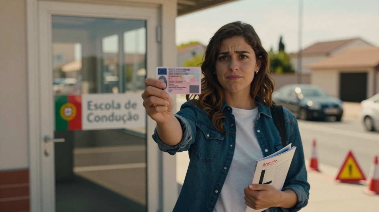Mulher segura carta de condução e livro, com rosto preocupado, à porta de uma escola de condução em Portugal.