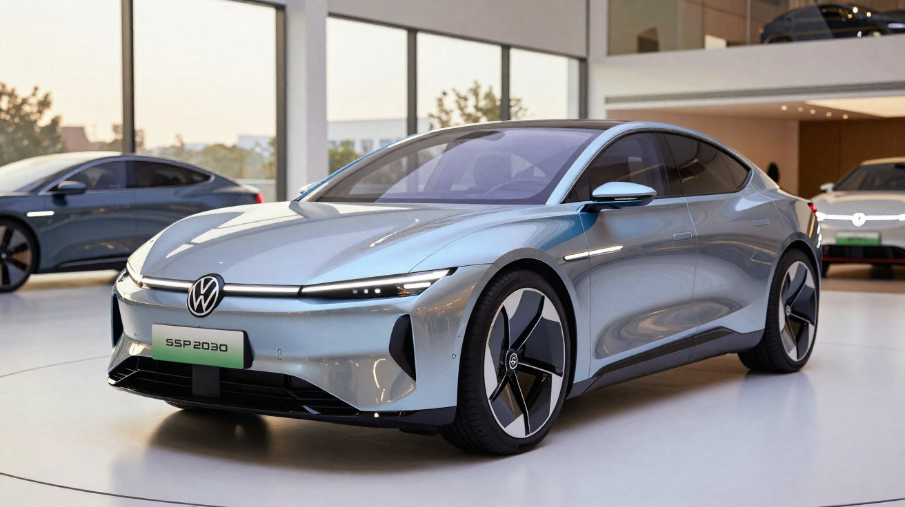 Carro elétrico Volkswagen futurista prata exposto em ambiente interno com jantes aerodinâmicas.