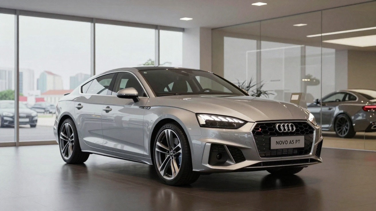 Carro Audi A5 cinzento estacionado no interior de um showroom moderno com janelas amplas.