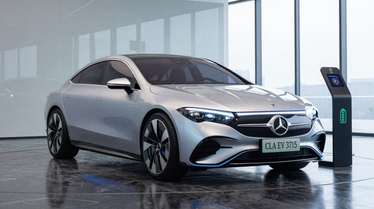 Carro elétrico Mercedes-Benz prata estacionado junto a posto de carregamento num espaço moderno com grandes janelas.