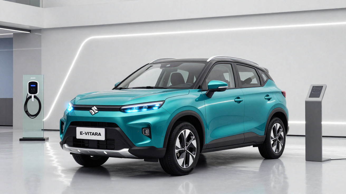 Carro elétrico Suzuki E-Vitara verde turquesa estacionado numa sala moderna com estação de carregamento.