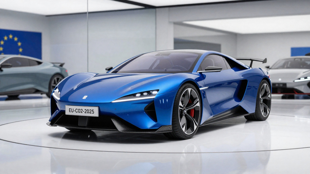 Carro desportivo azul metálico com design aerodinâmico exposto em salão moderno e luminoso.