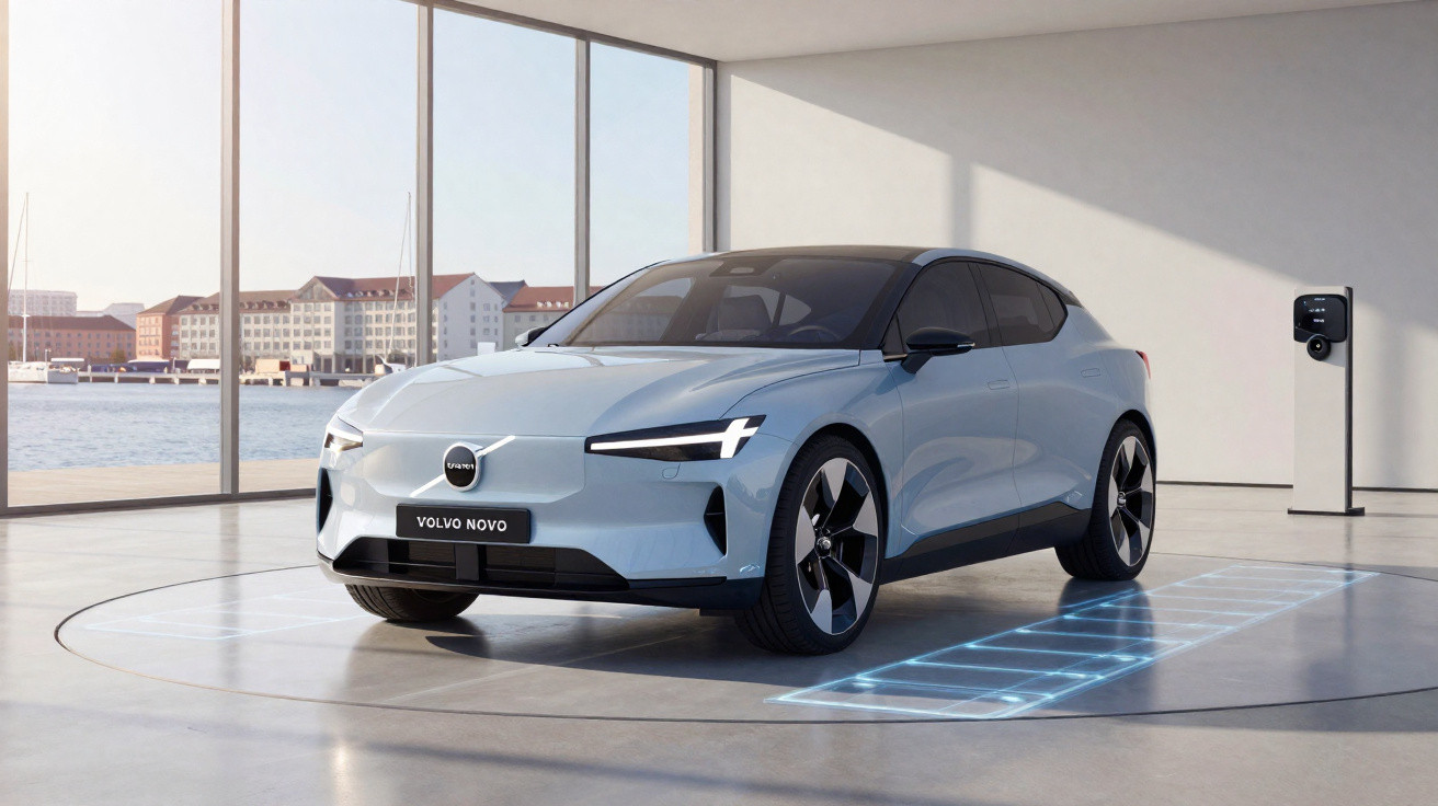 Carro elétrico Volvo Novo azul claro numa sala moderna com janelas grandes e estação de carregamento.