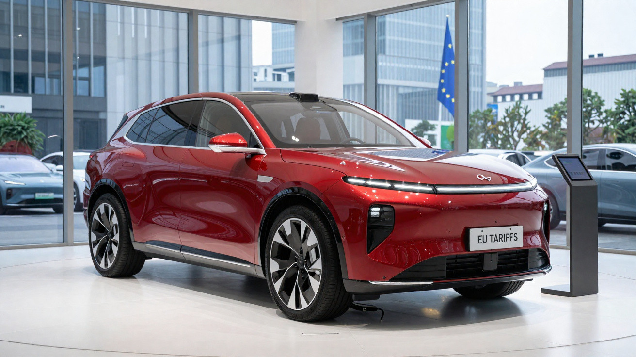 Carro elétrico vermelho em exposição interior, com janelas grandes e placa com texto "EU TARIFFS".