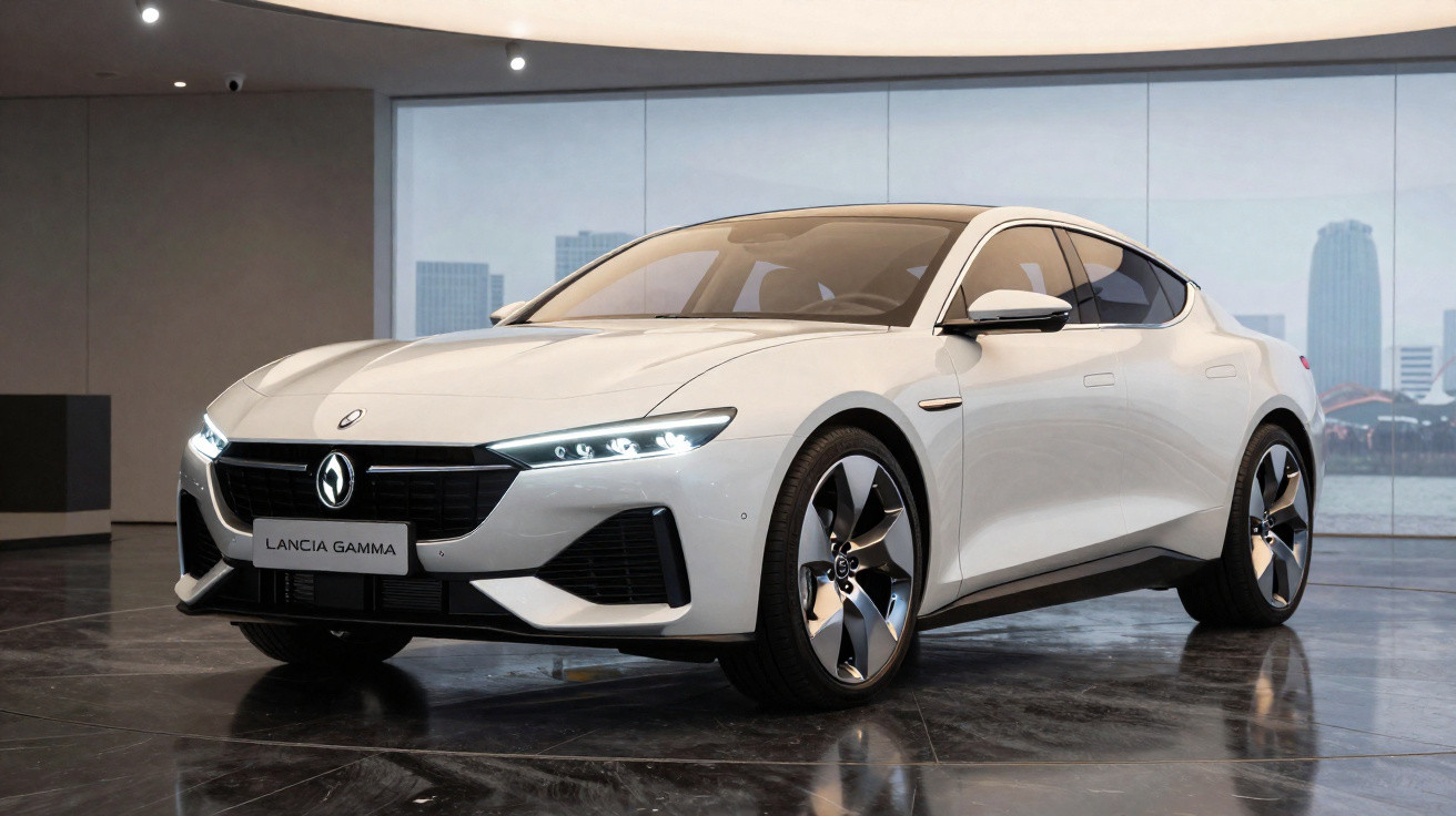Carro elétrico Lancia Gamma branco com design moderno em exibição interior.