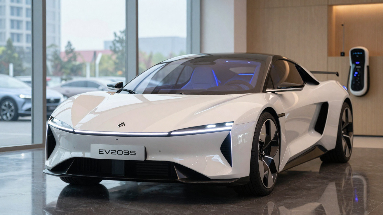Carro desportivo elétrico branco com design futurista estacionado em showroom moderno com estação de carregamento.