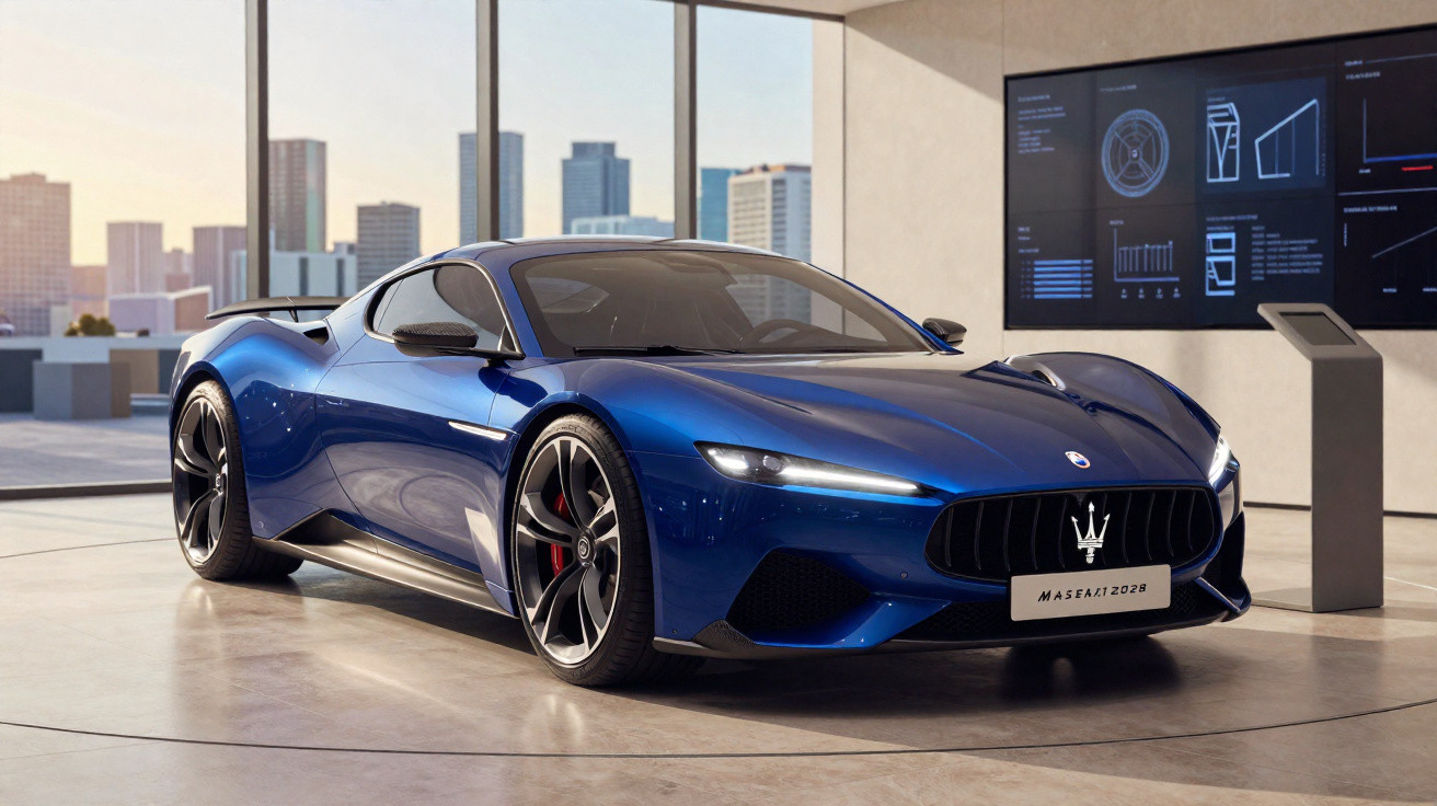 Carro desportivo azul Maserati MC20 apresentado numa sala moderna com janelas amplas e skyline ao fundo.