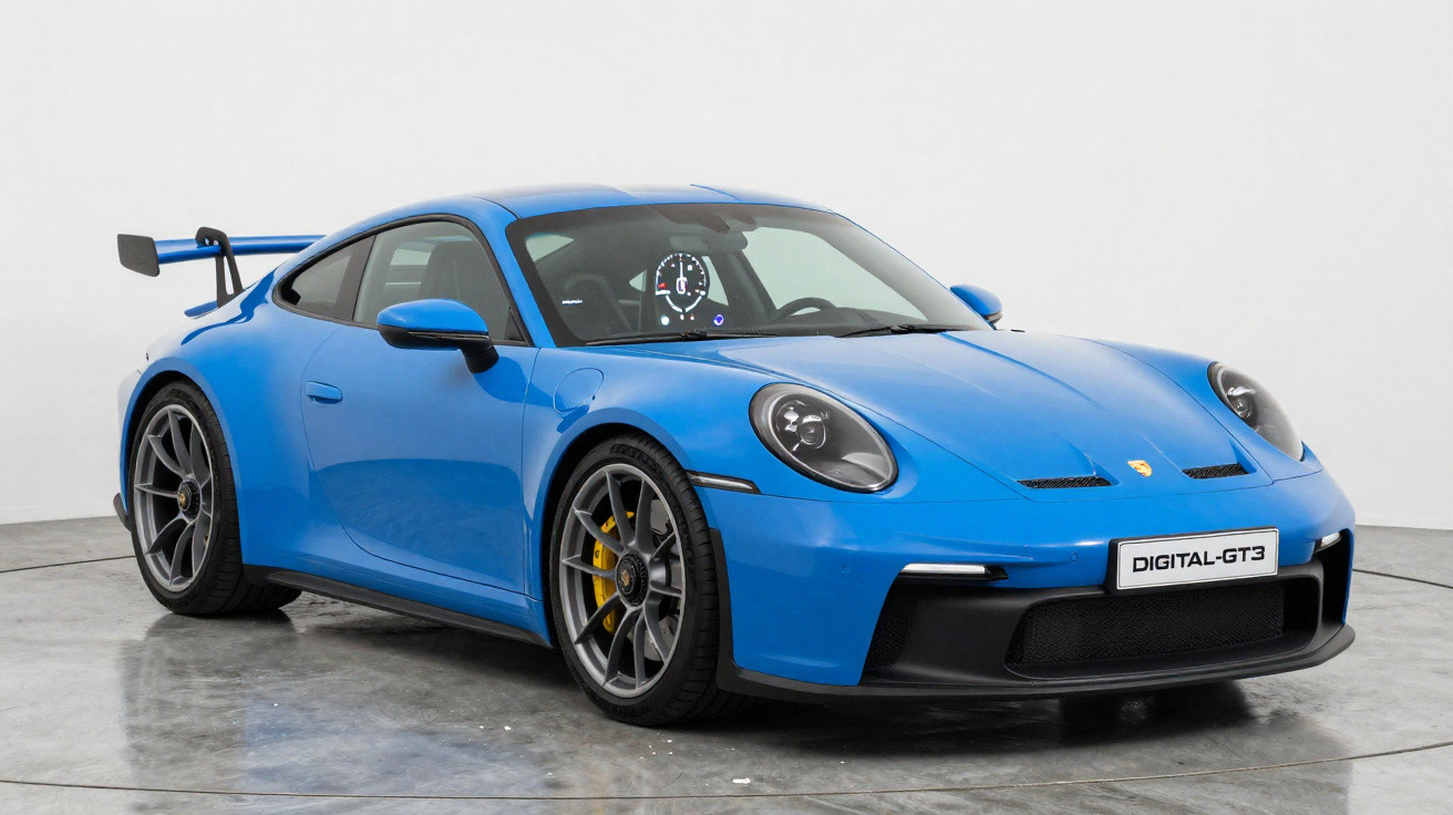 Carro desportivo azul Porsche GT3 com asa traseira, pneus baixos e design aerodinâmico, em estúdio.
