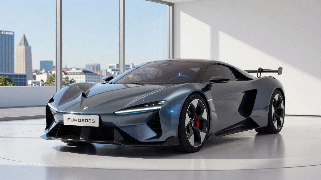 Carro desportivo elétrico cinzento escuro com design futurista estacionado em ambiente interior com vista urbana.