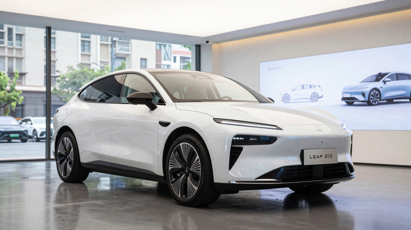 Carro elétrico branco Leap 810 exposto numa sala moderna com luz natural e reflexos no chão polido.