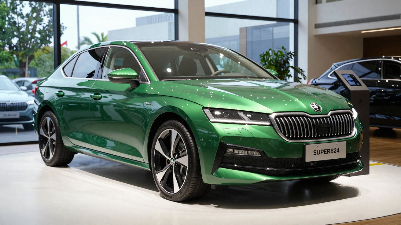 Automóvel Škoda Superb 2024 verde metálico exposto em concessionária moderna.