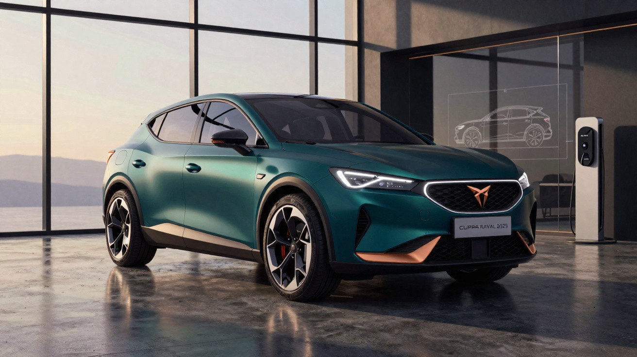 Automóvel elétrico Cupra Born verde exposto em showroom moderno com janelas amplas e luz natural.