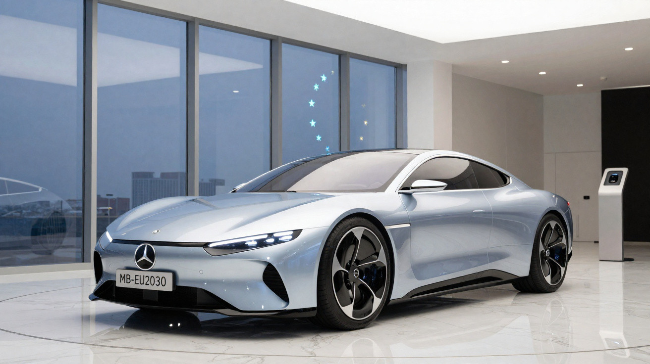 Carro elétrico Mercedes-Benz prata estacionado num showroom moderno com grandes janelas de vidro.