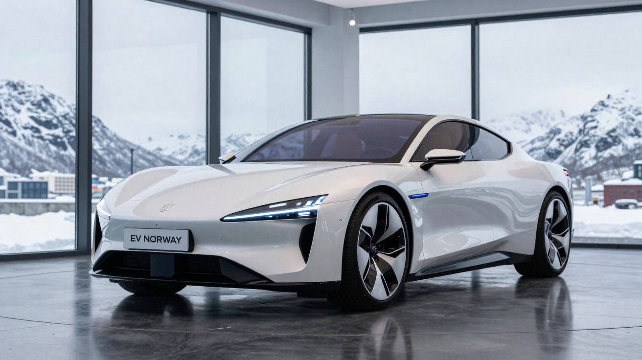 Carro elétrico desportivo branco em exposição numa sala com janelas e vista para montanhas nevadas.