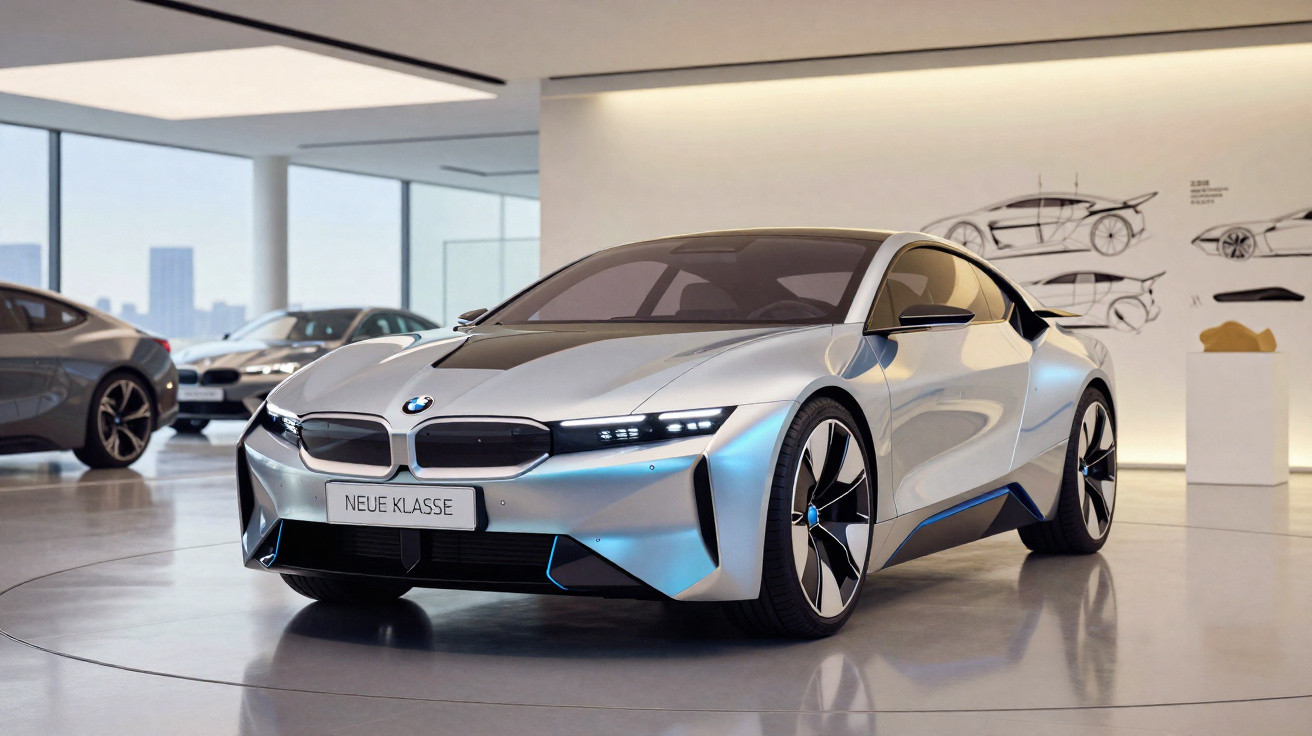 Carro elétrico BMW prata exposado numa sala moderna com desenhos técnicos na parede ao fundo.