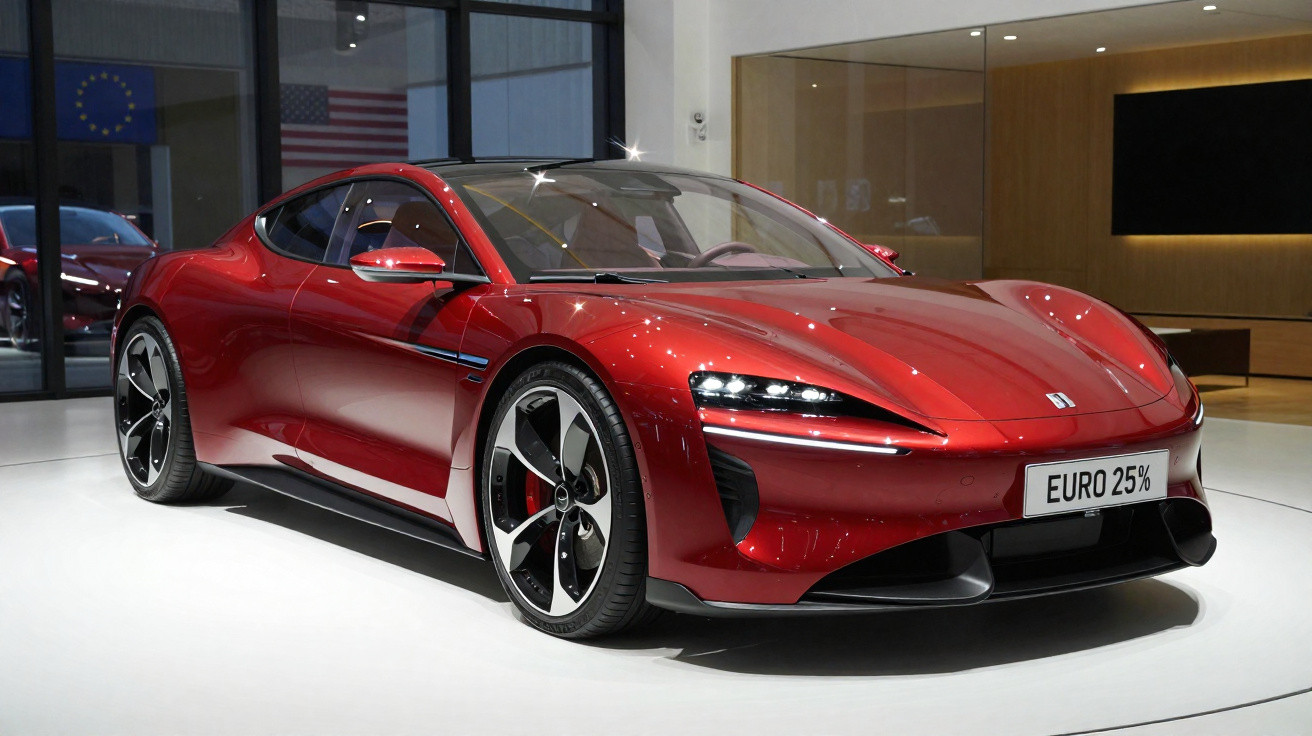 Carro desportivo elétrico vermelho brilhante estacionado em exposição interior moderna.
