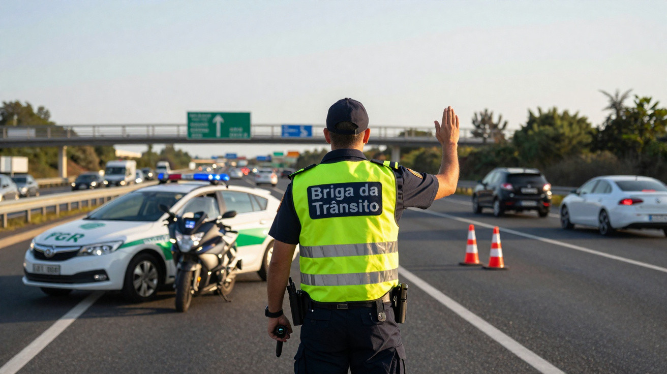 Polícia da Brigada de Trânsito a controlar o trânsito numa autoestrada com carros e cones à frente.