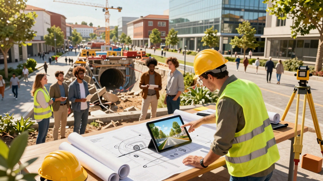 Engenheiro em colete e capacete a analisar planta numa obra urbana com equipa e maquinaria ao fundo.
