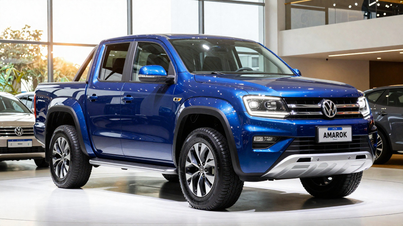 Pickup Volkswagen Amarok azul exposta em salão automóvel, com iluminação interior e vidro ao fundo.