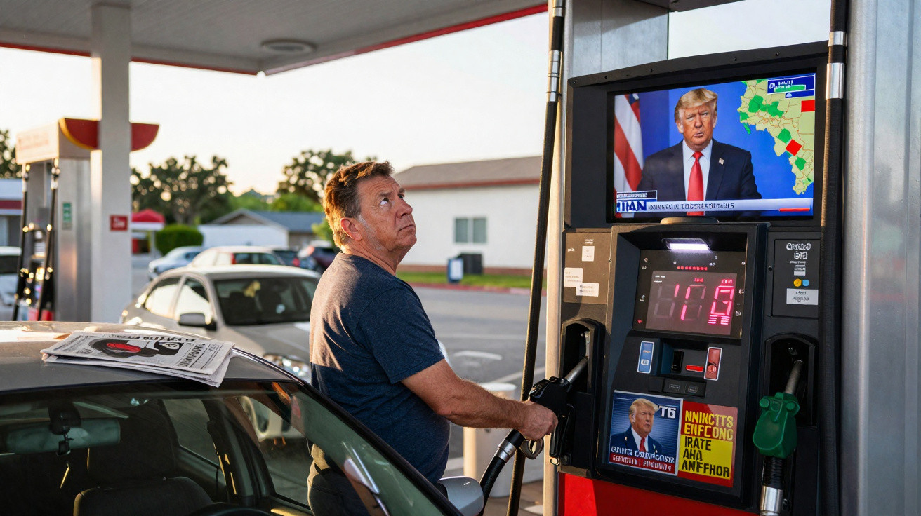 Homem a abastecer carro numa estação de serviço enquanto assiste a discurso de Donald Trump na televisão.