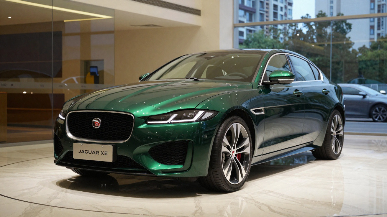 Carro Jaguar XE verde metálico exibido num showroom com piso em mármore claro e janelas grandes ao fundo.