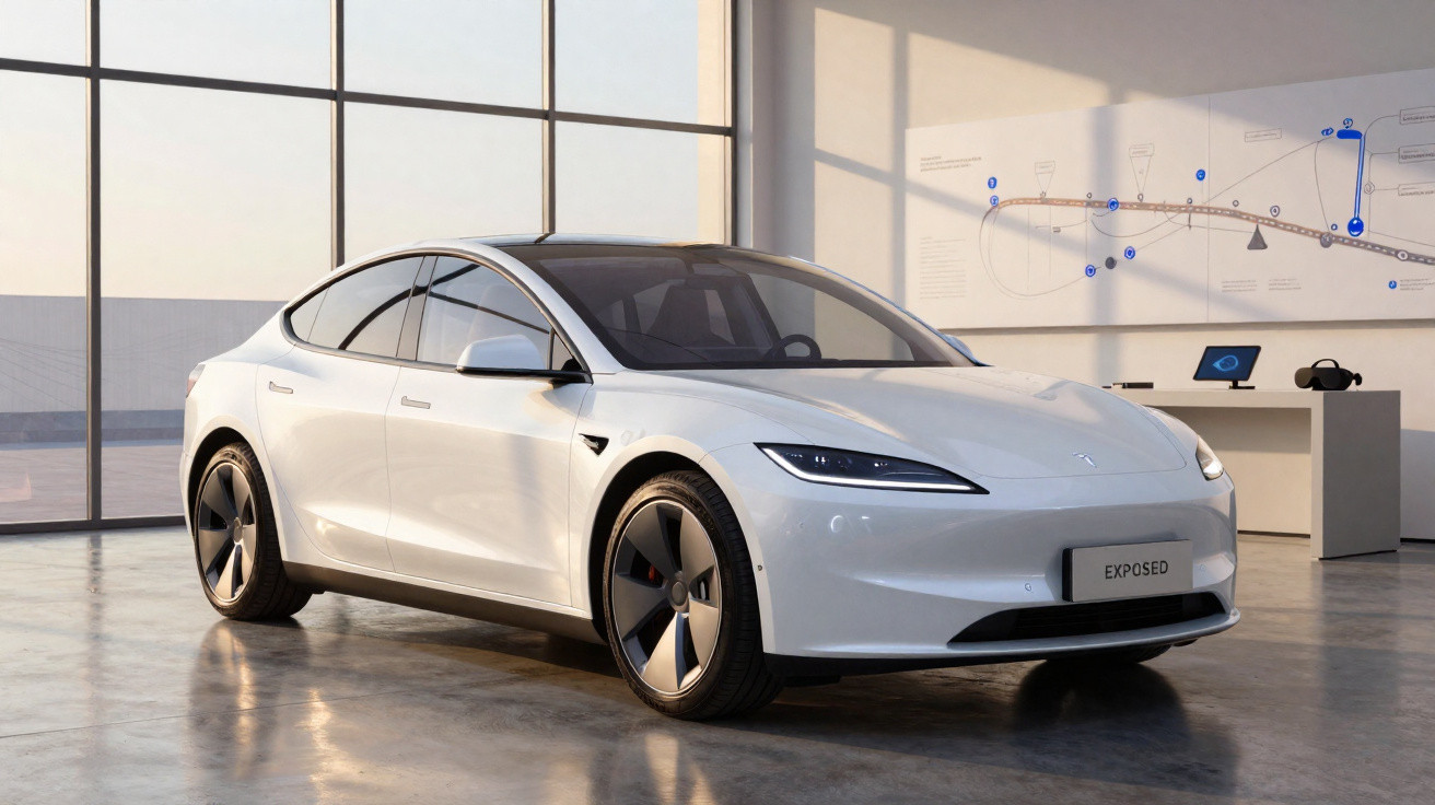 Carro elétrico branco Tesla Model S estacionado numa sala moderna com janelas grandes e luz natural.