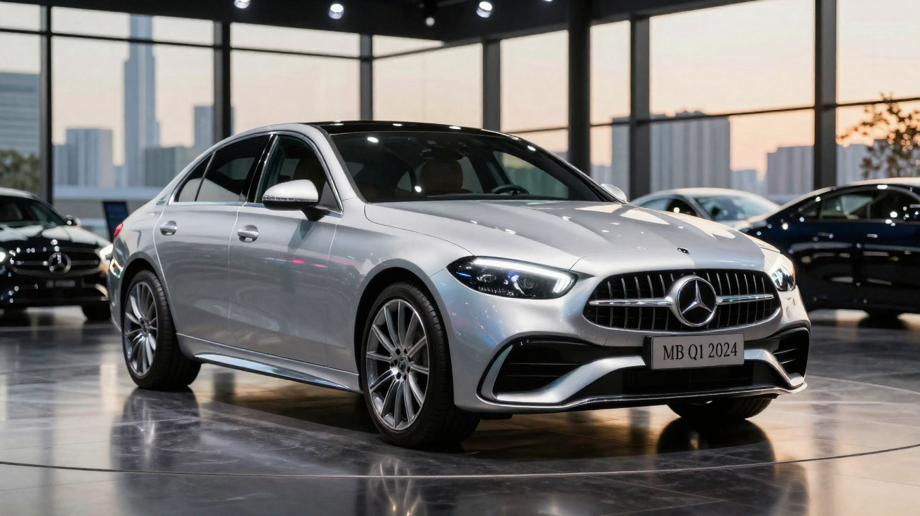 Carro Mercedes-Benz prateado modelo 2024 exibido em salão com janelas grandes ao fundo.