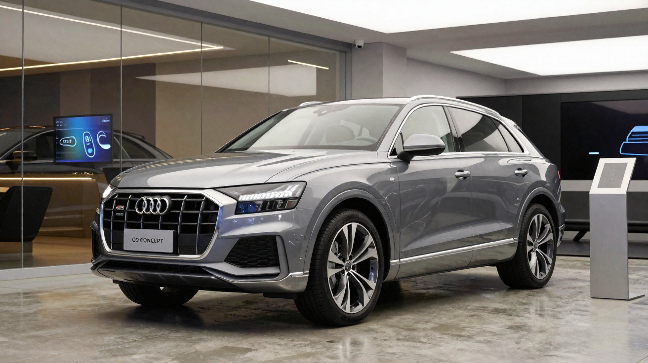 Carro Audi Q9 Concept cinza estacionado em espaço interior moderno com paredes de vidro.