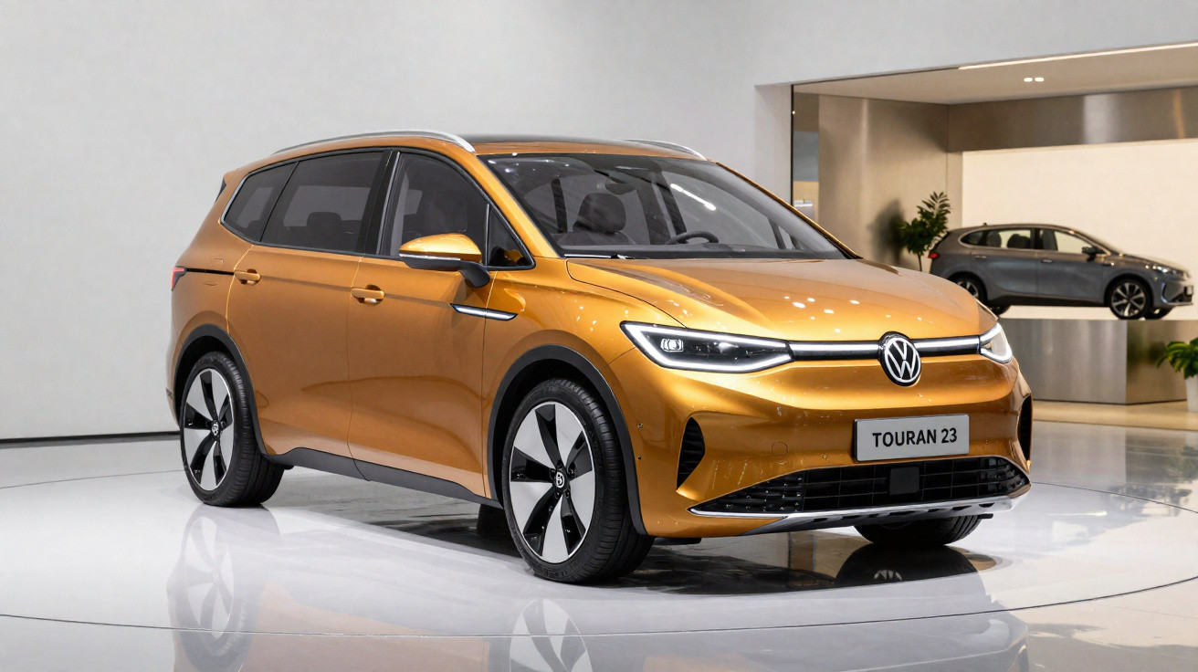 Carro Volkswagen Touran 2023 dourado exibido num espaço de exposição moderno e minimalista.