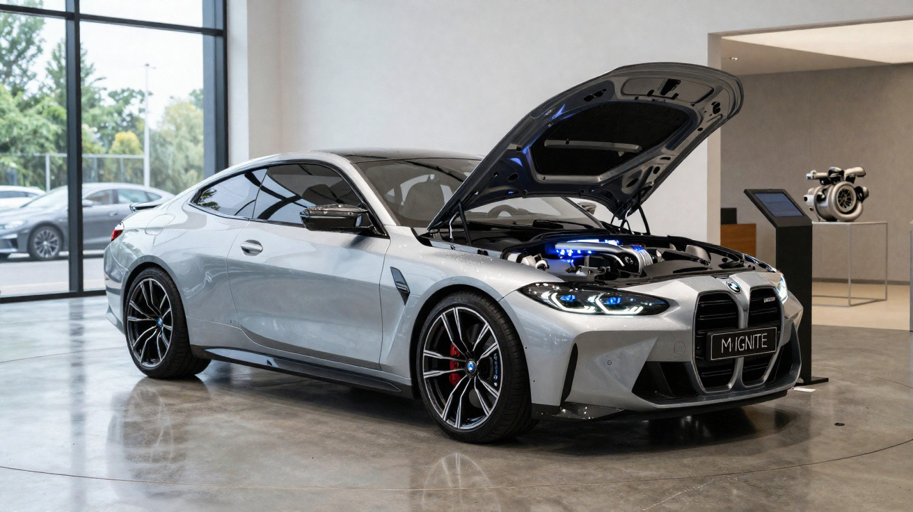 Carro desportivo cinza com capô aberto em exposição numa sala moderna com janelas grandes.