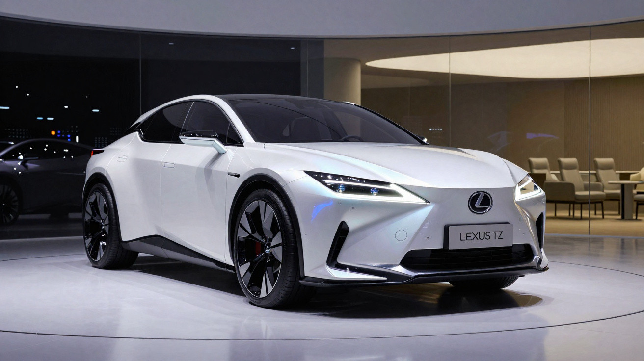 Carro elétrico Lexus TZ branco, moderno, em exposição num espaço interior elegante e iluminado.