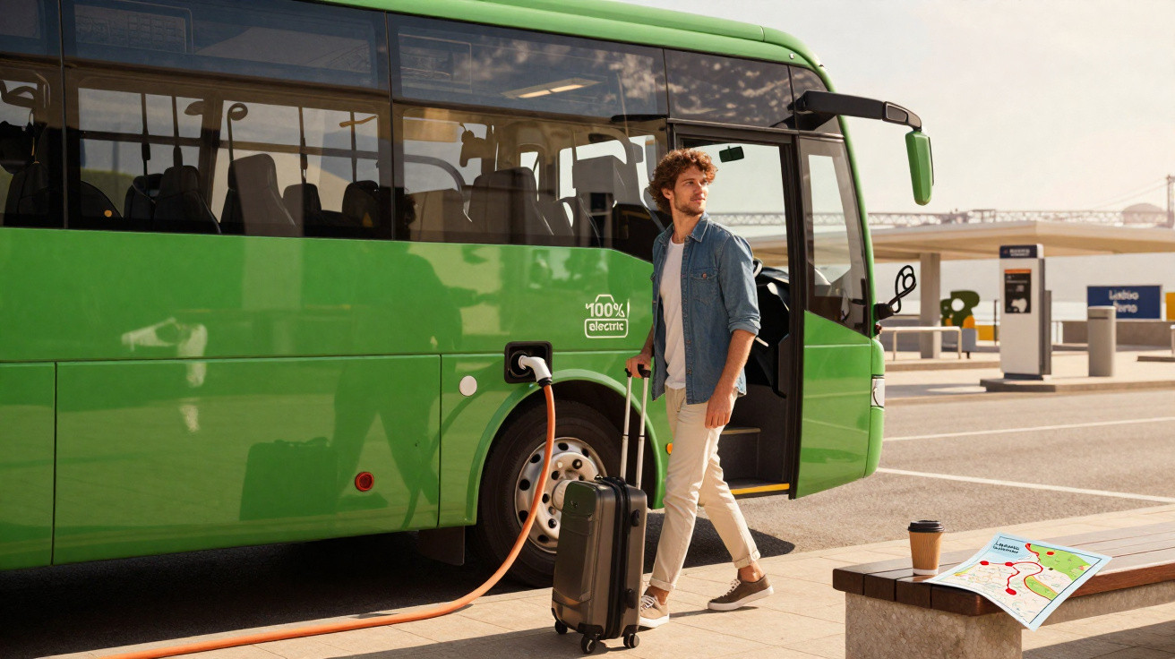 Homem com mala de viagem ao lado de autocarro verde eléctrico carregando na estação de paragem.