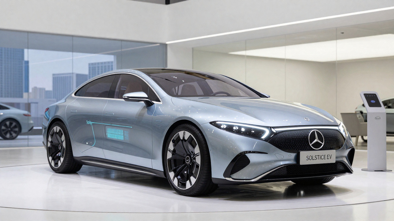 Carro elétrico Mercedes-Benz Solstice EV prata numa exposição moderna com janelas de vidro.
