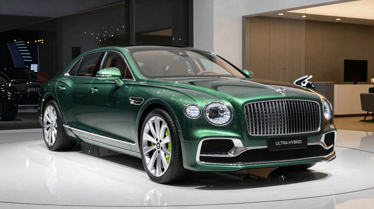 Carro de luxo Bentley Ultra Hybrid verde metálico em exposição num showroom moderno.
