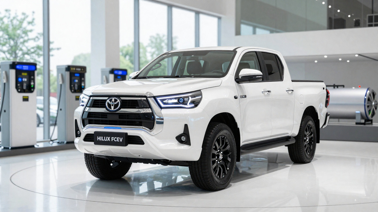 Picape Toyota Hilux FCEV branca em exposição numa sala moderna com painéis de carregamento.