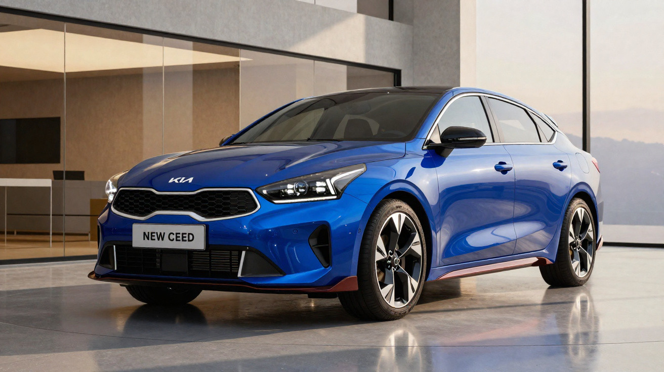 Carro Kia New Ceed azul estacionado interior moderno com vidros refletivos e piso cinzento.
