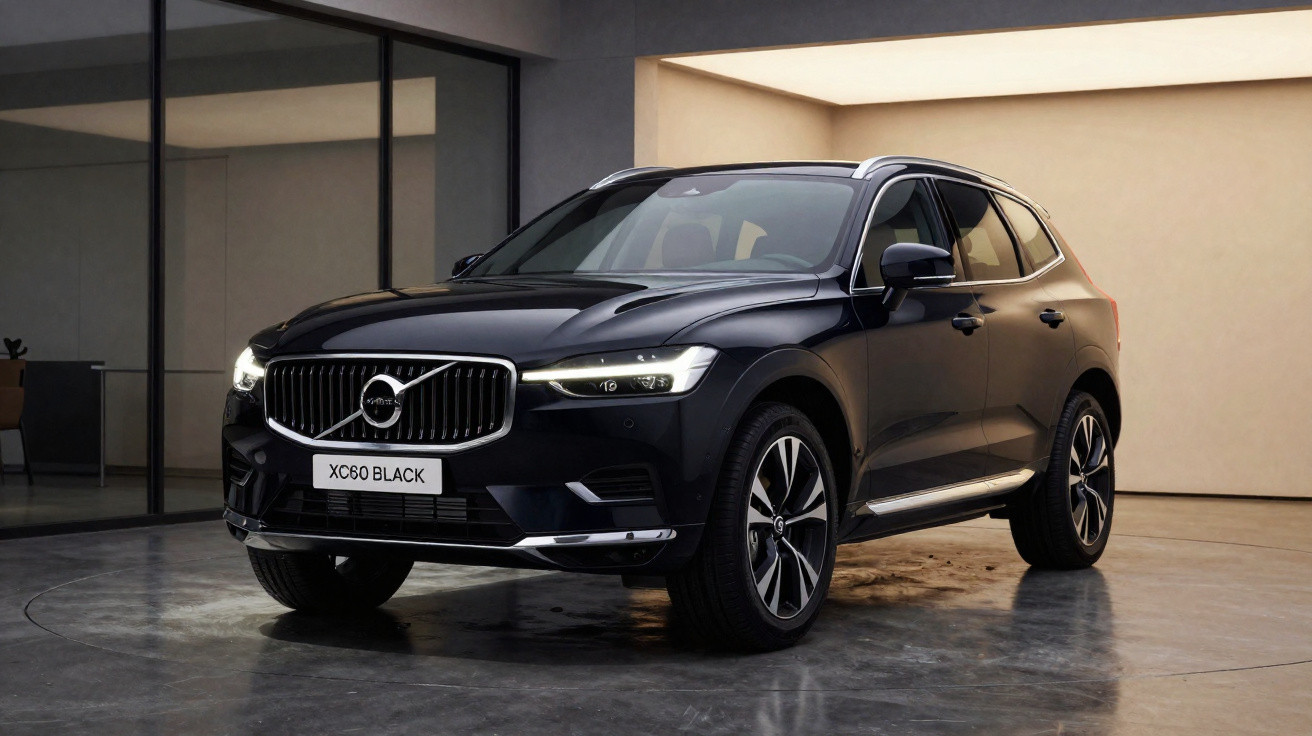 Carro Volvo XC60 preto estacionado em espaço interior moderno com chão reluzente.