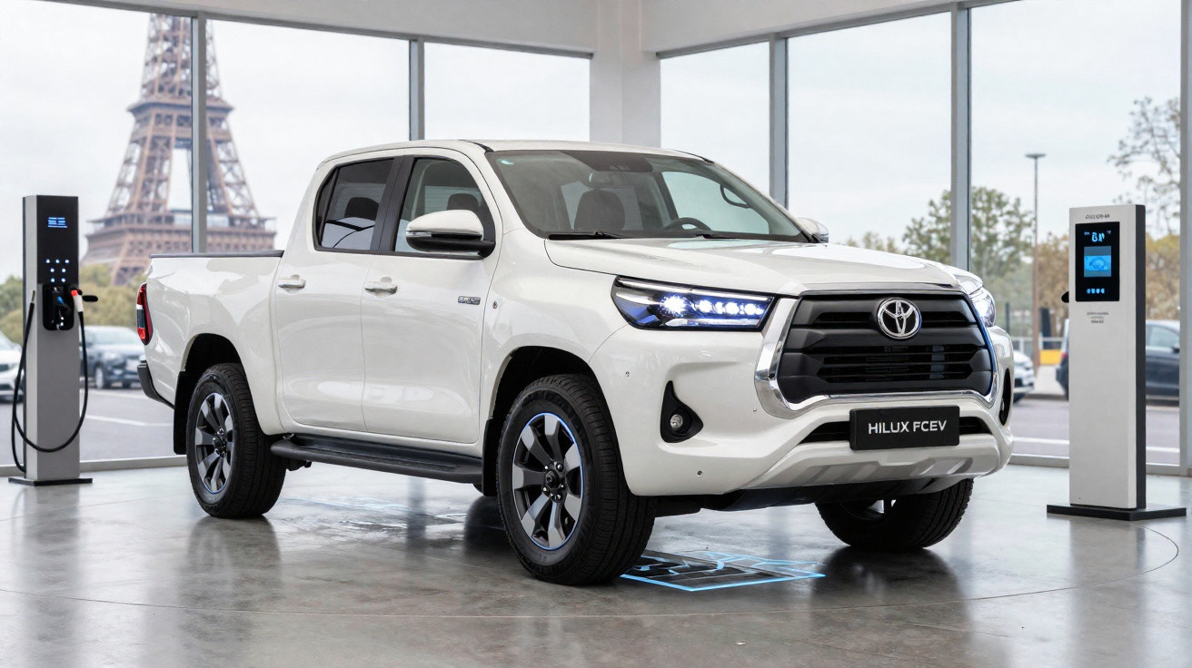 Picape Toyota Hilux FCEV branca, elétrica, exposta em showroom com a Torre Eiffel ao fundo.