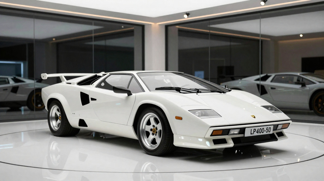 Carro desportivo branco clássico Lamborghini Countach LP400-50 estacionado em exposição moderna com espelhos.