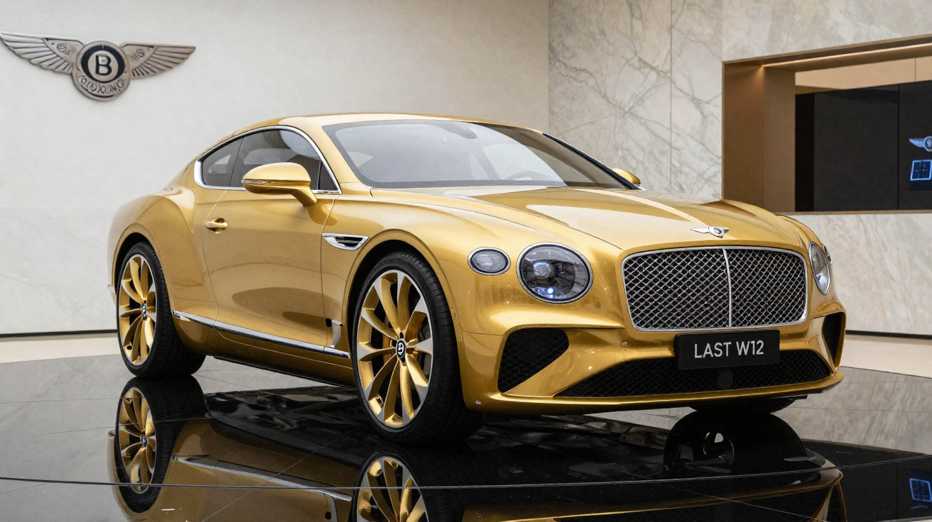 Carro desportivo Bentley dourado apresentado num salão com chão refletor e logótipo da marca na parede.