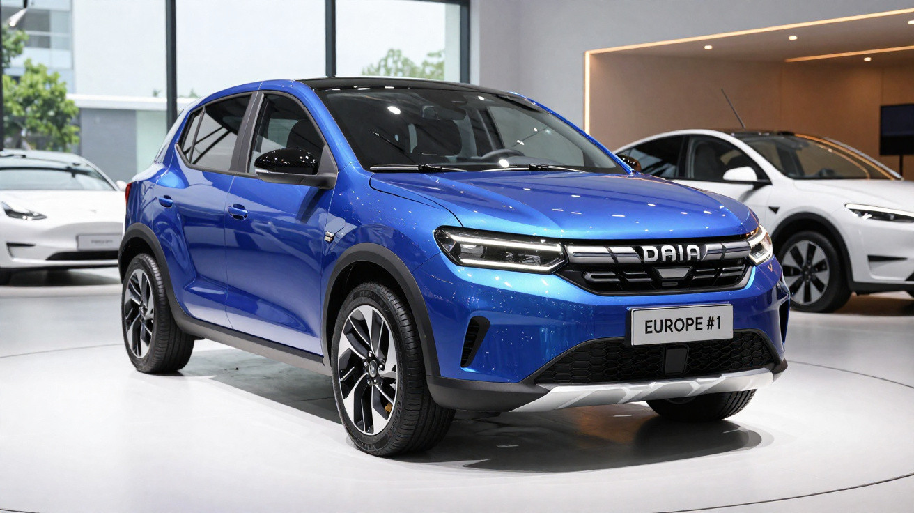Carro elétrico azul Daia exposto em salão, com carro branco ao fundo, em ambiente moderno e iluminado.